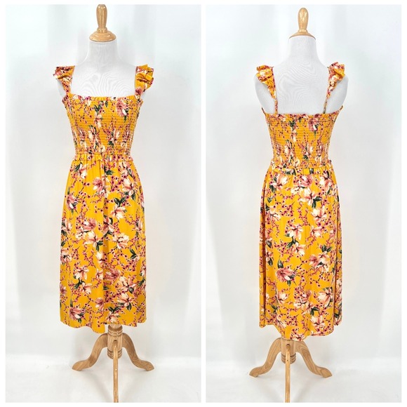 CAMI NYC Katelyn Floral Flutter Strap Silk Dress Womens XS Yellow Smocked Midi - Picture 1 of 16